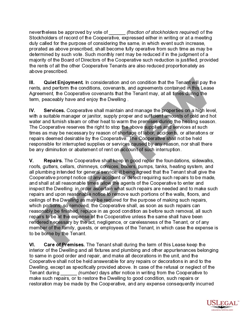 Preview Lease of Dwelling Unit of Cooperative Housing Corporation by Stockholder of Lessor