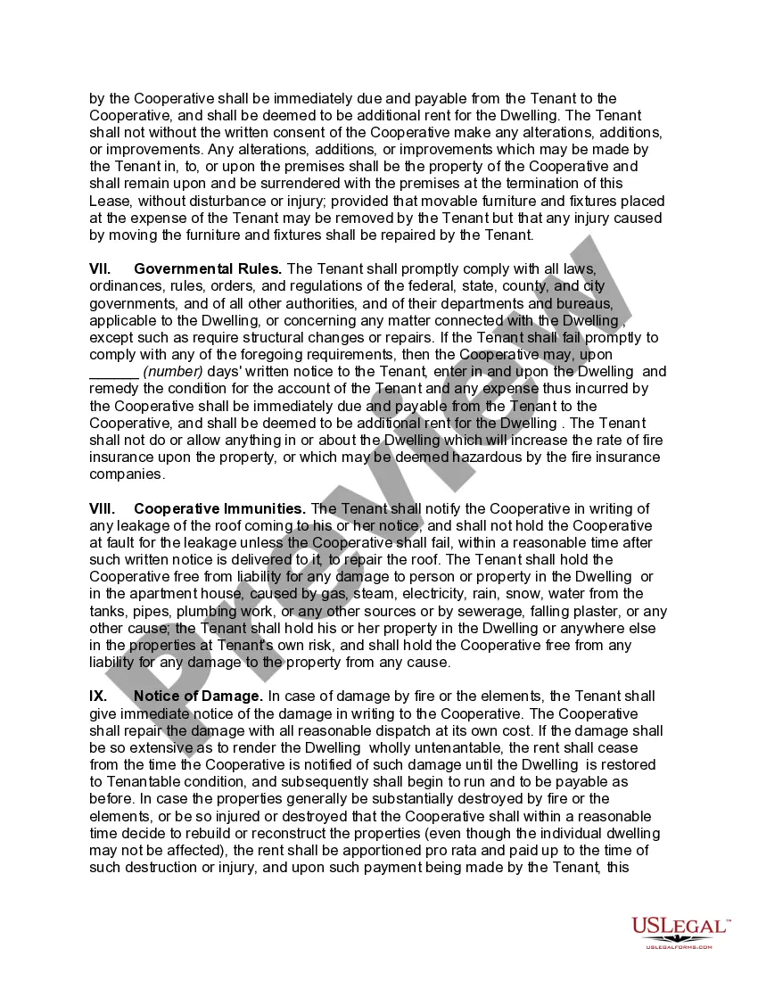 Preview Lease of Dwelling Unit of Cooperative Housing Corporation by Stockholder of Lessor