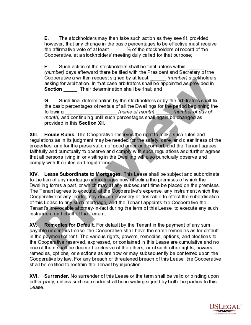 Preview Lease of Dwelling Unit of Cooperative Housing Corporation by Stockholder of Lessor