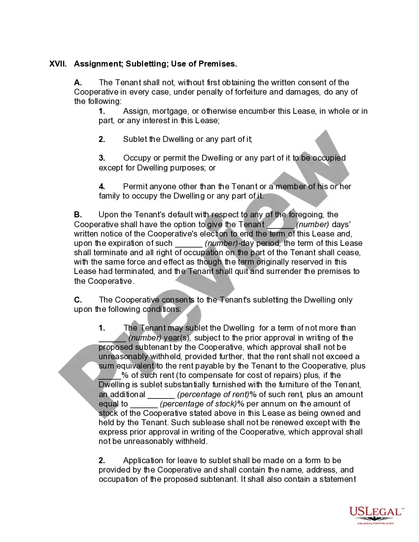 Preview Lease of Dwelling Unit of Cooperative Housing Corporation by Stockholder of Lessor