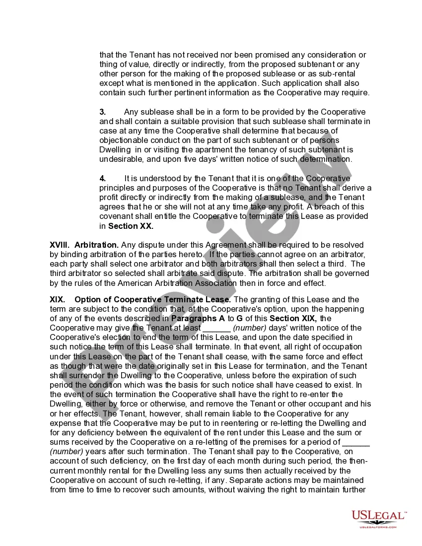 Preview Lease of Dwelling Unit of Cooperative Housing Corporation by Stockholder of Lessor