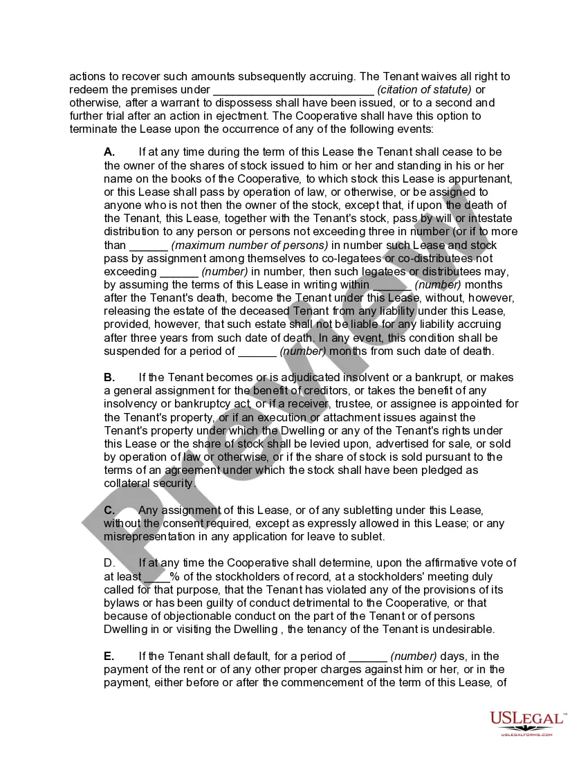 Preview Lease of Dwelling Unit of Cooperative Housing Corporation by Stockholder of Lessor