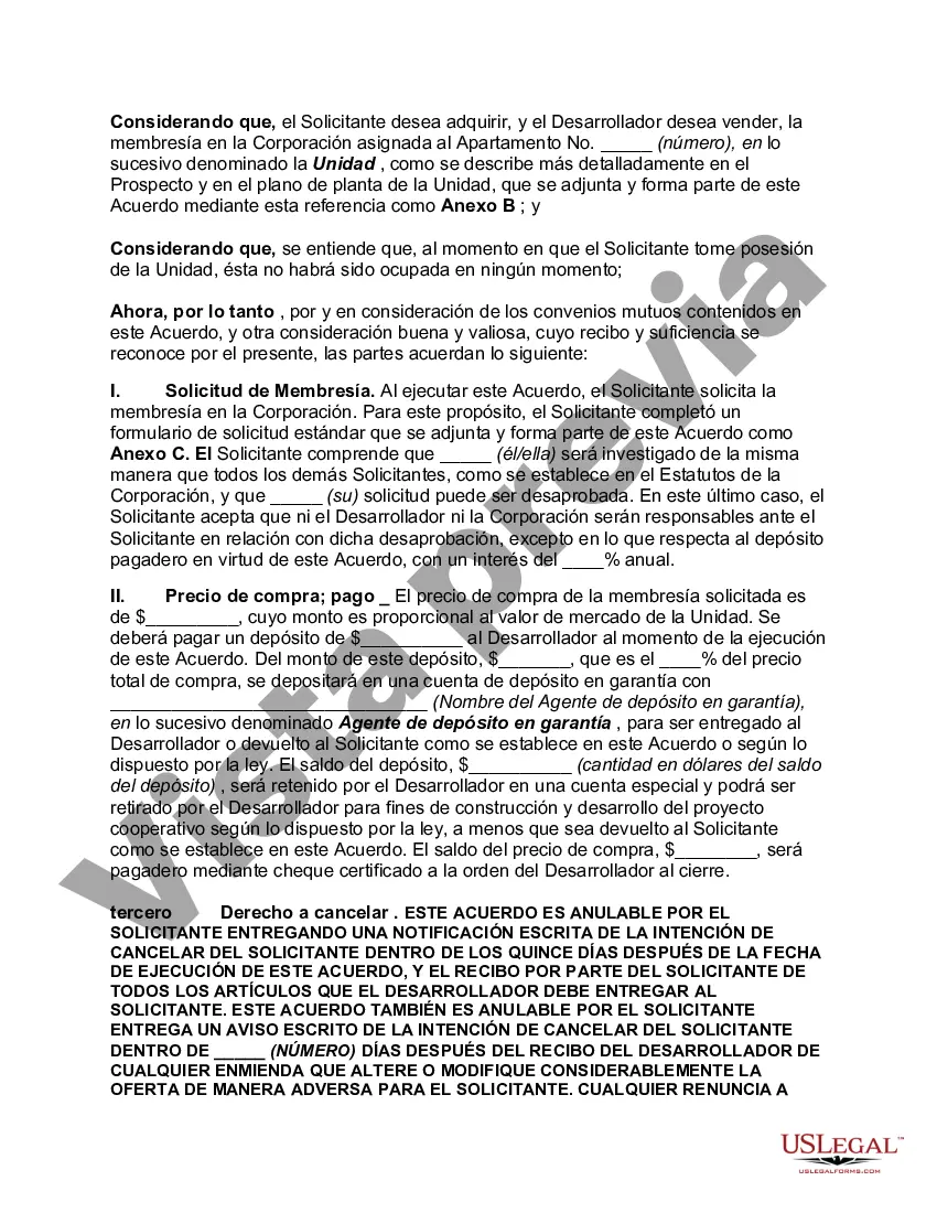 Preview Acuerdo con Desarrollador para Venta de Membresía en Cooperativa junto con Unidad de Vivienda Asignada a Membresía