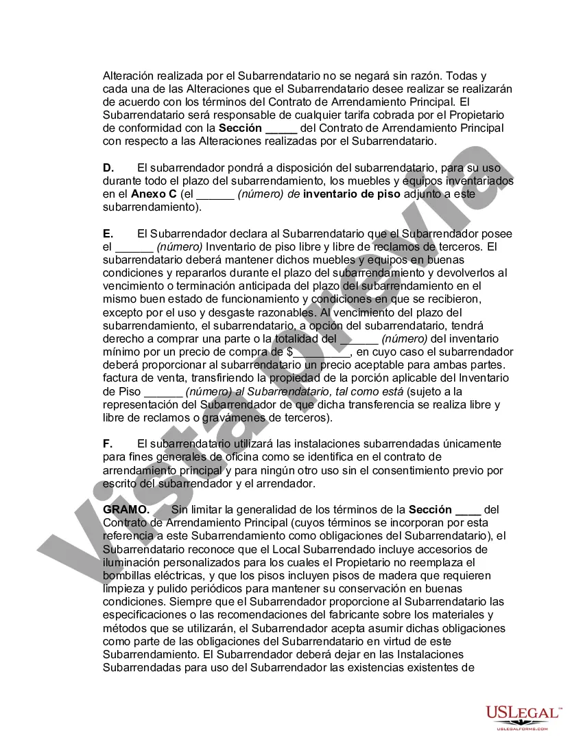 Preview Subarrendamiento completo de espacio de oficina, incluido el mobiliario y el equipo, incluidas las referencias al arrendamiento maestro y con comisión de corretaje