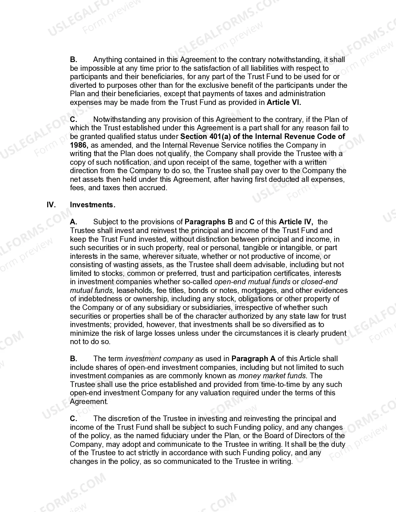 Preview Trust Agreement for Pension Plan with Corporate Trustee