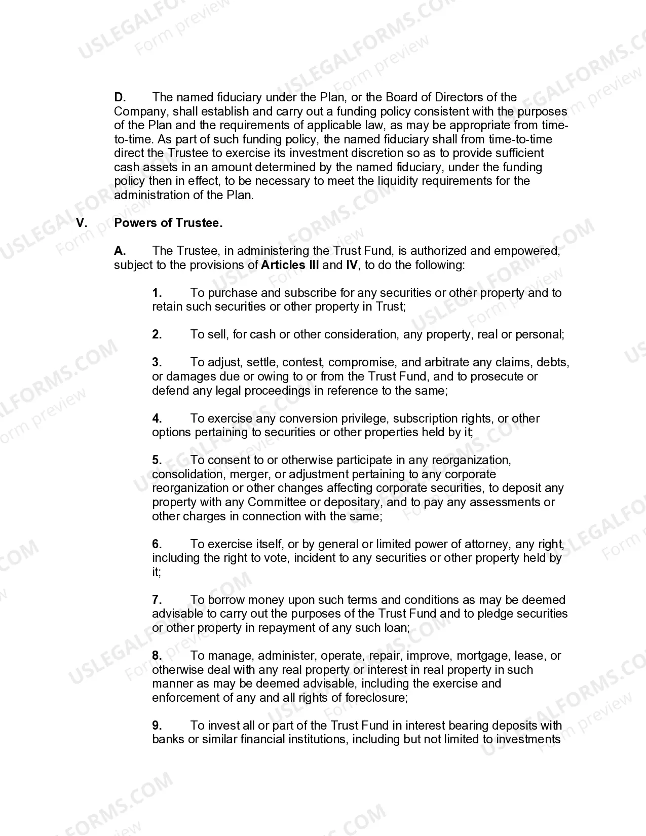Preview Trust Agreement for Pension Plan with Corporate Trustee