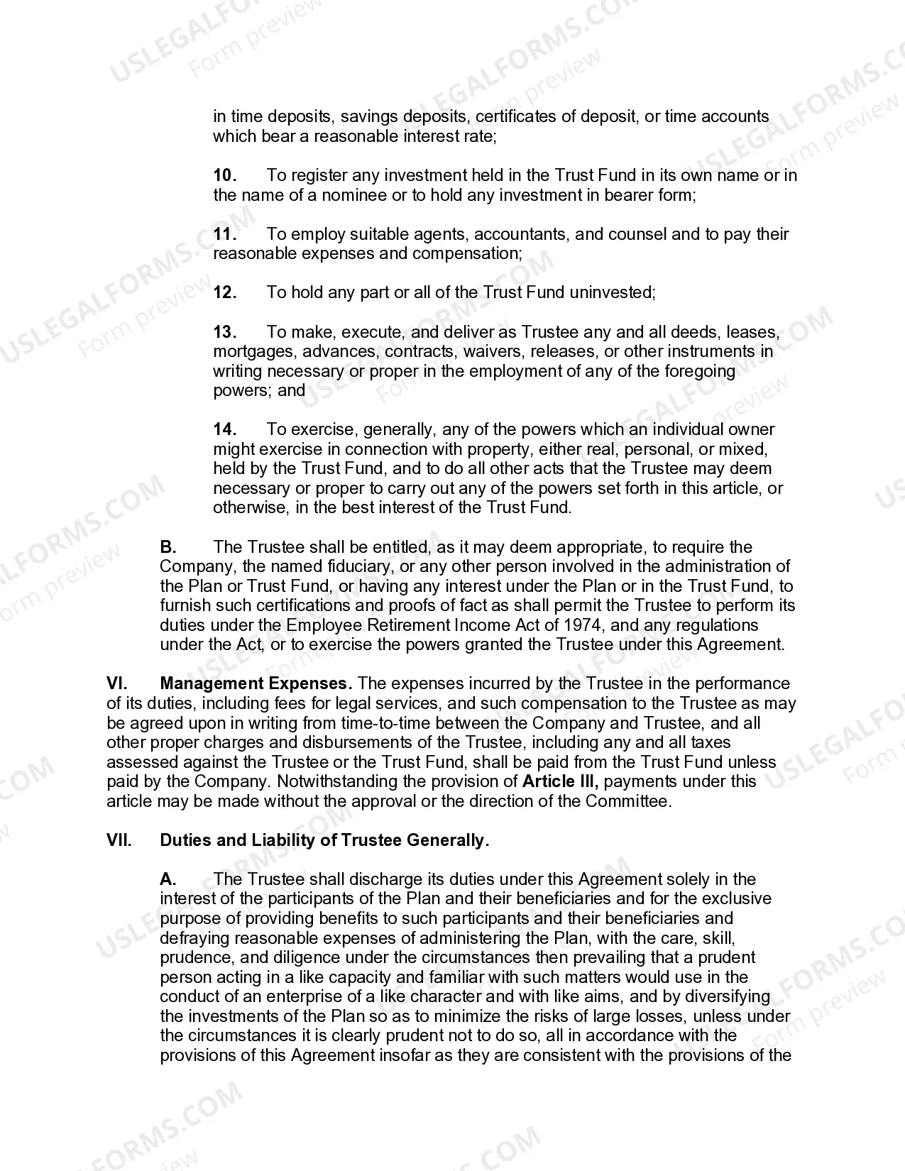 Preview Trust Agreement for Pension Plan with Corporate Trustee