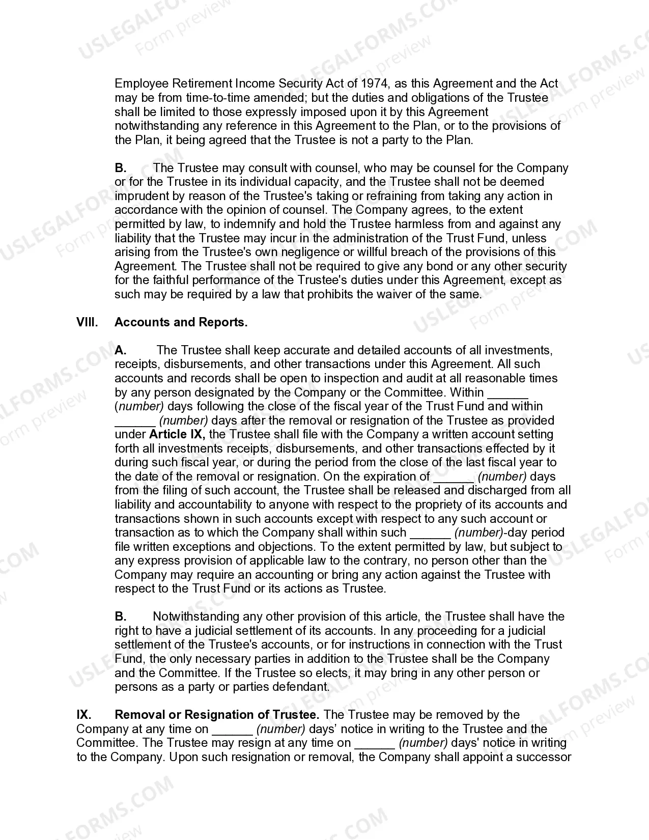 Preview Trust Agreement for Pension Plan with Corporate Trustee