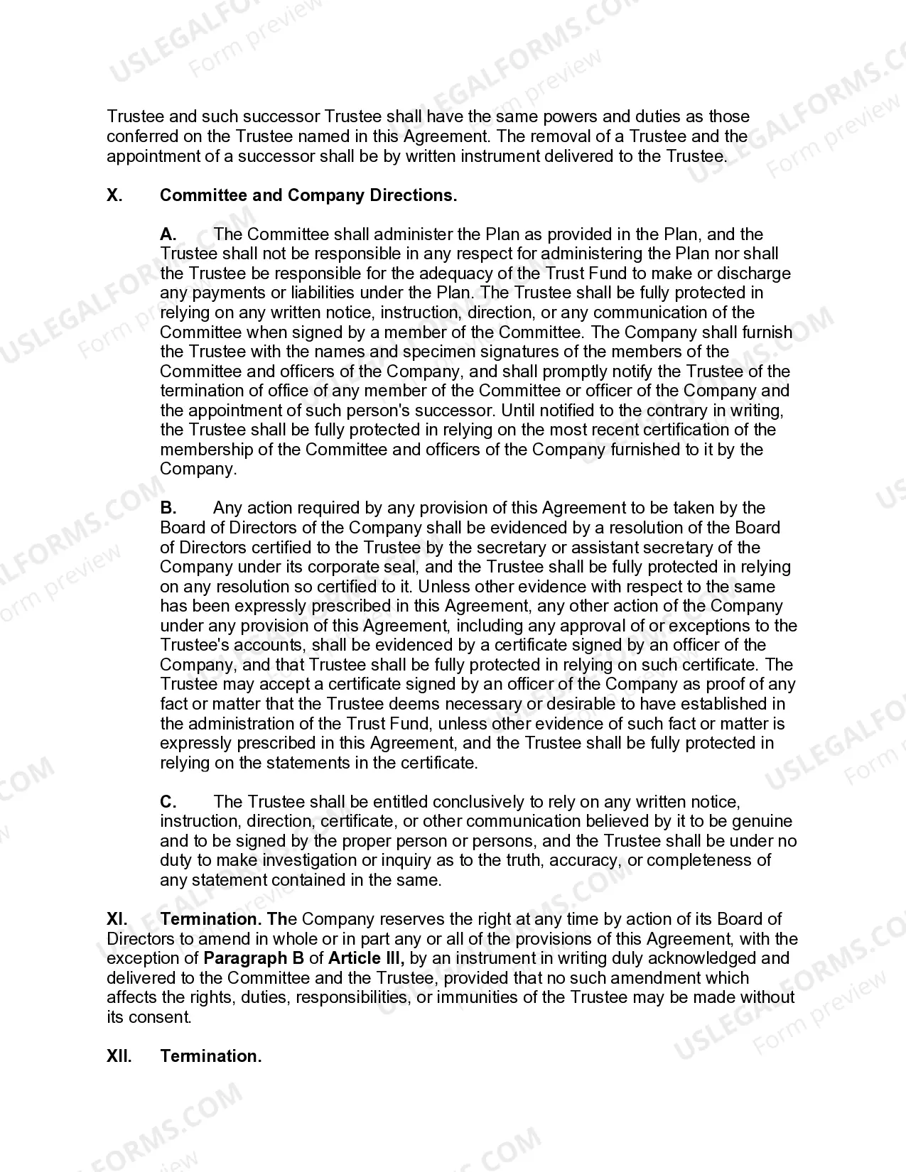 Preview Trust Agreement for Pension Plan with Corporate Trustee