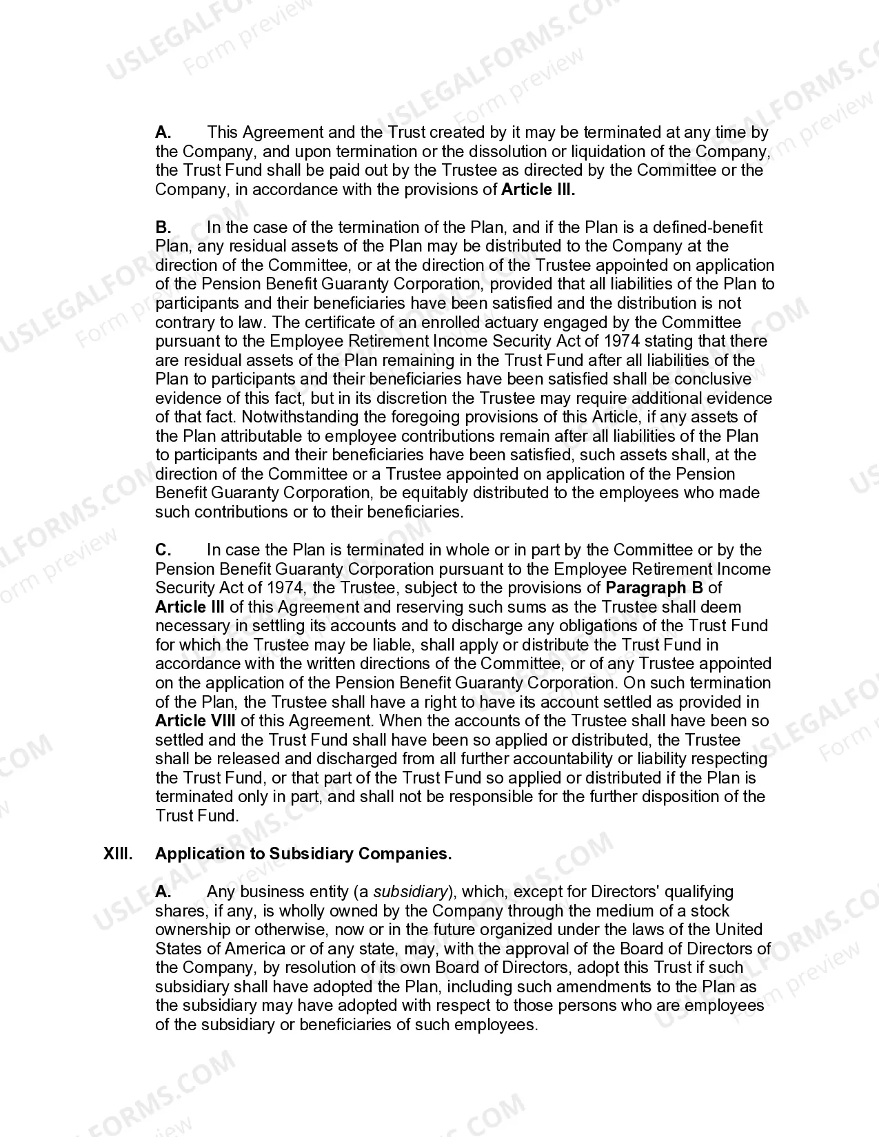 Preview Trust Agreement for Pension Plan with Corporate Trustee