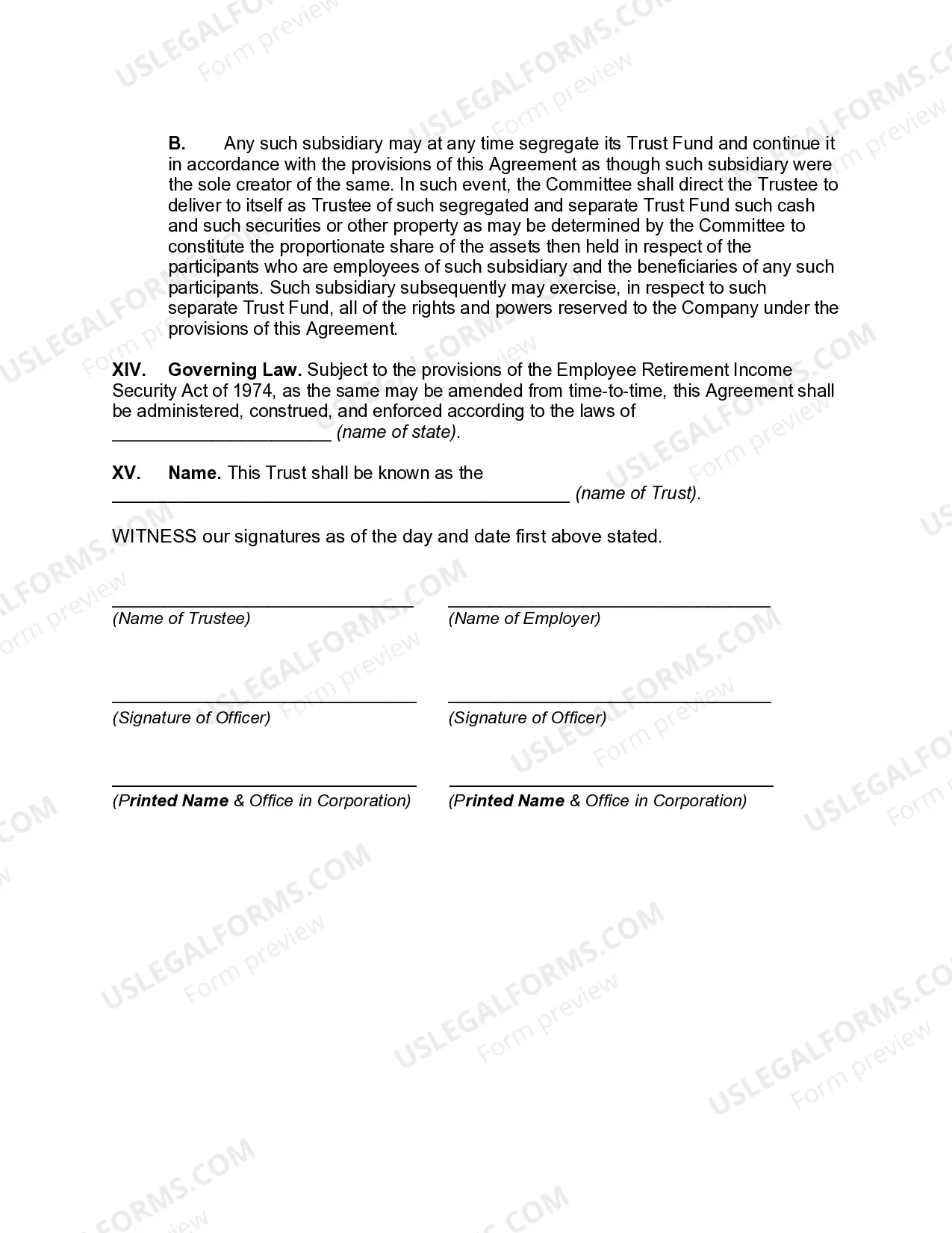 Preview Trust Agreement for Pension Plan with Corporate Trustee