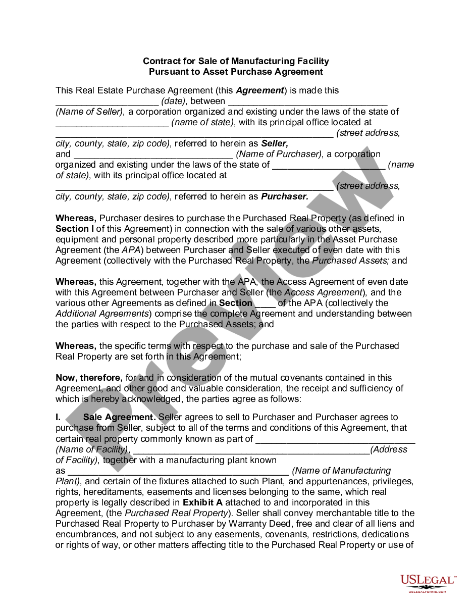 page 0 Contract for Sale of Manufacturing Facility Pursuant to Asset Purchase Agreement preview