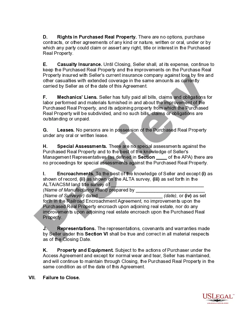 Preview Contract for Sale of Manufacturing Facility Pursuant to Asset Purchase Agreement