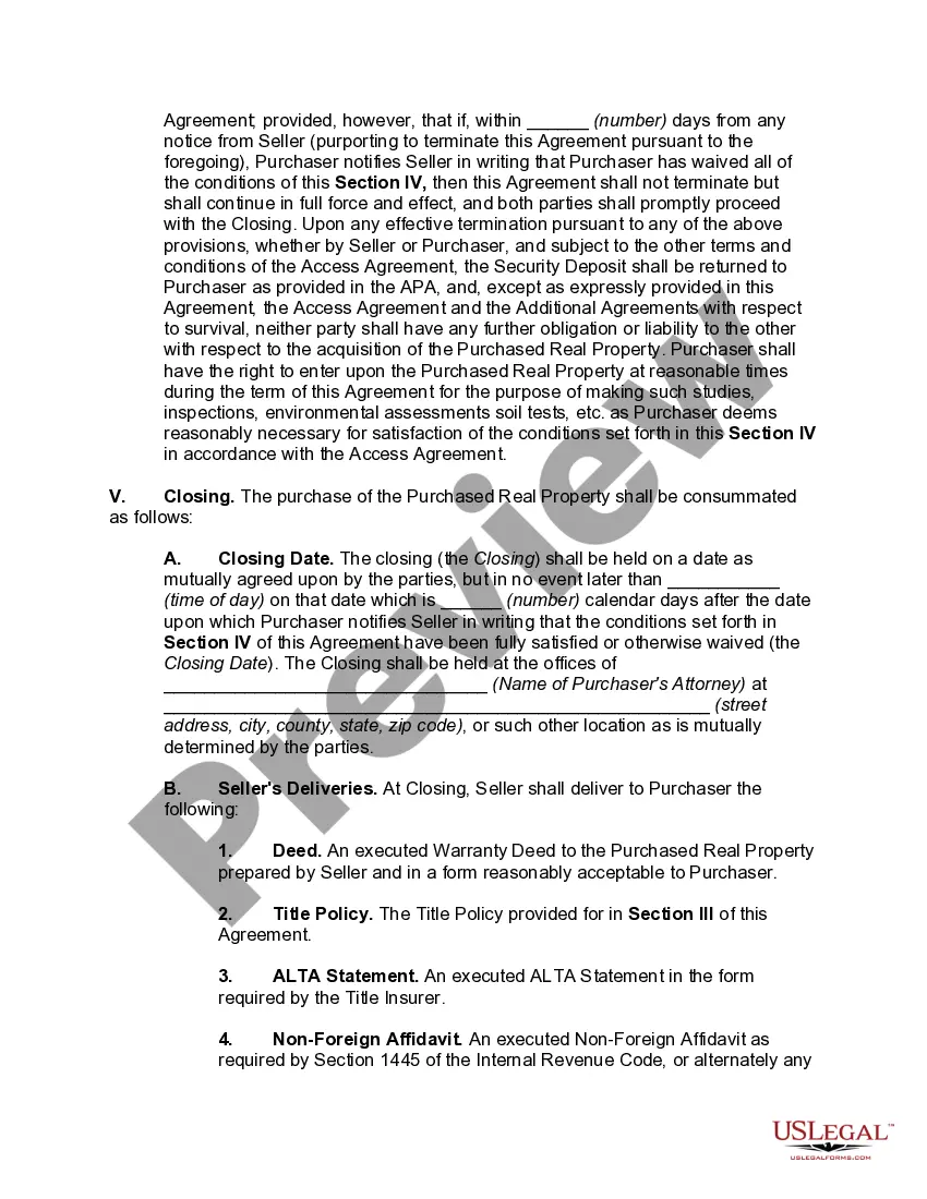 Preview Contract for Sale of Manufacturing Facility Pursuant to Asset Purchase Agreement