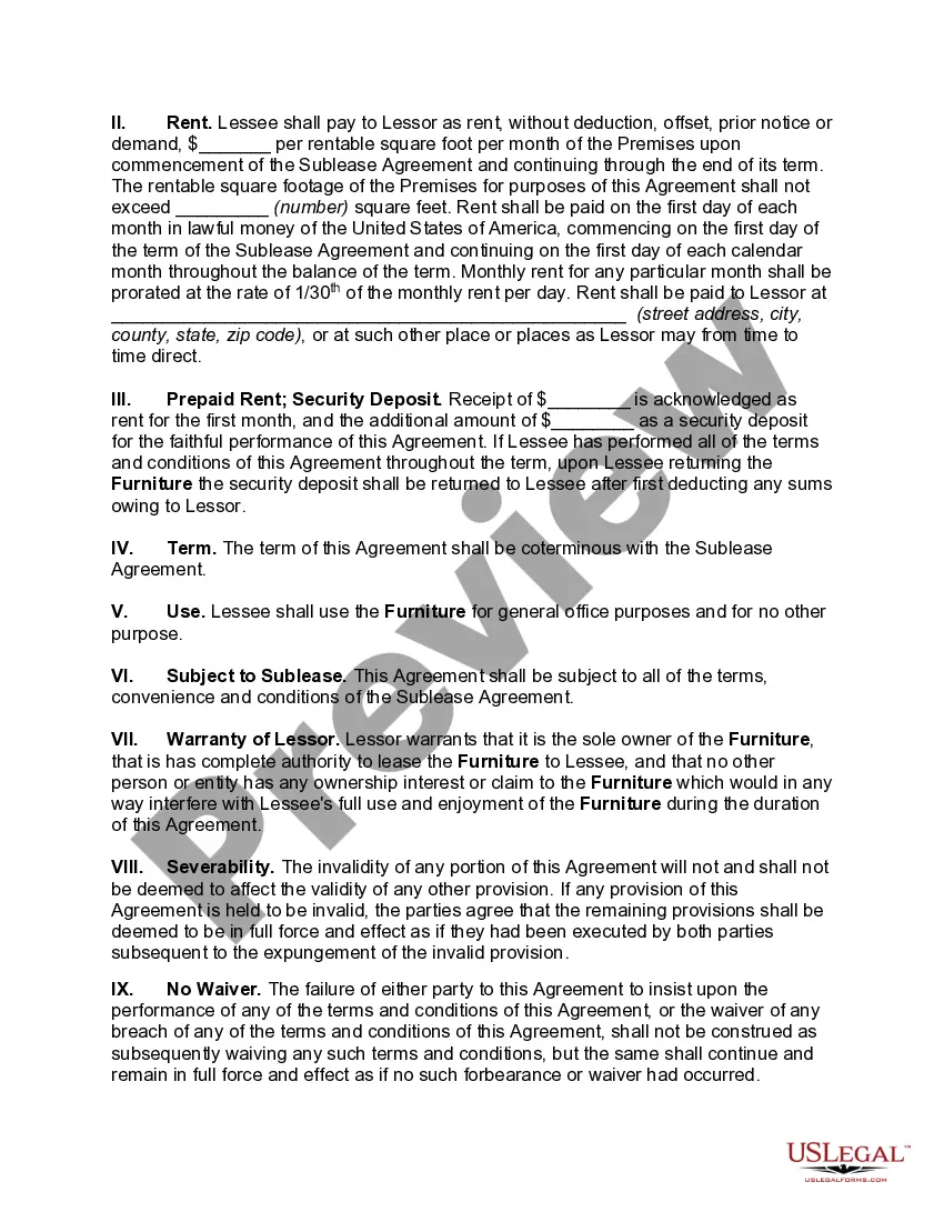 Preview Lease of Furniture between Sublessor and Sublessee of Office Lease Agreement