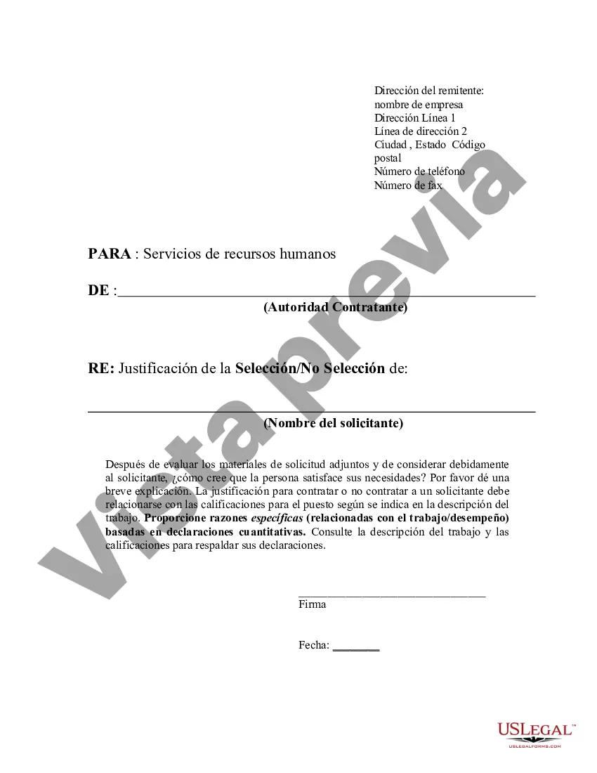 Preview Justificación de la selección o no selección del solicitante