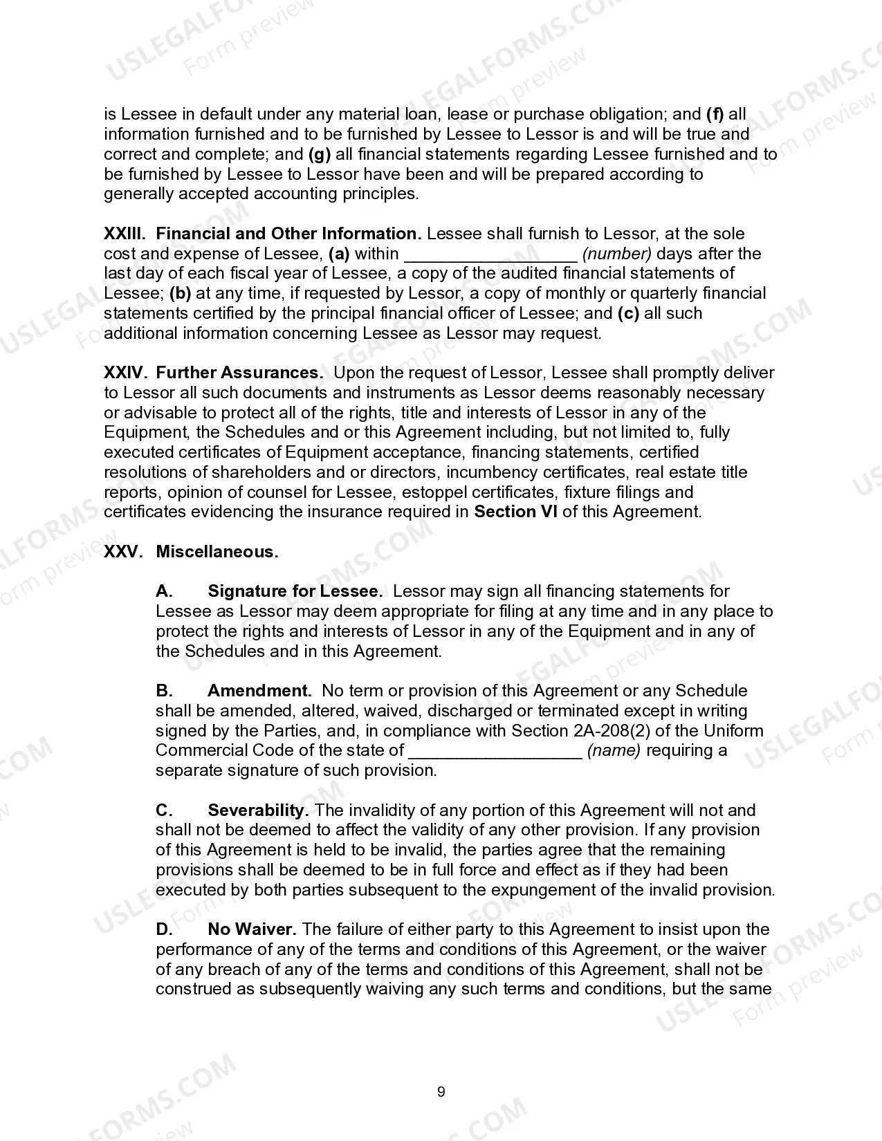 Preview Master Equipment Lease Agreement