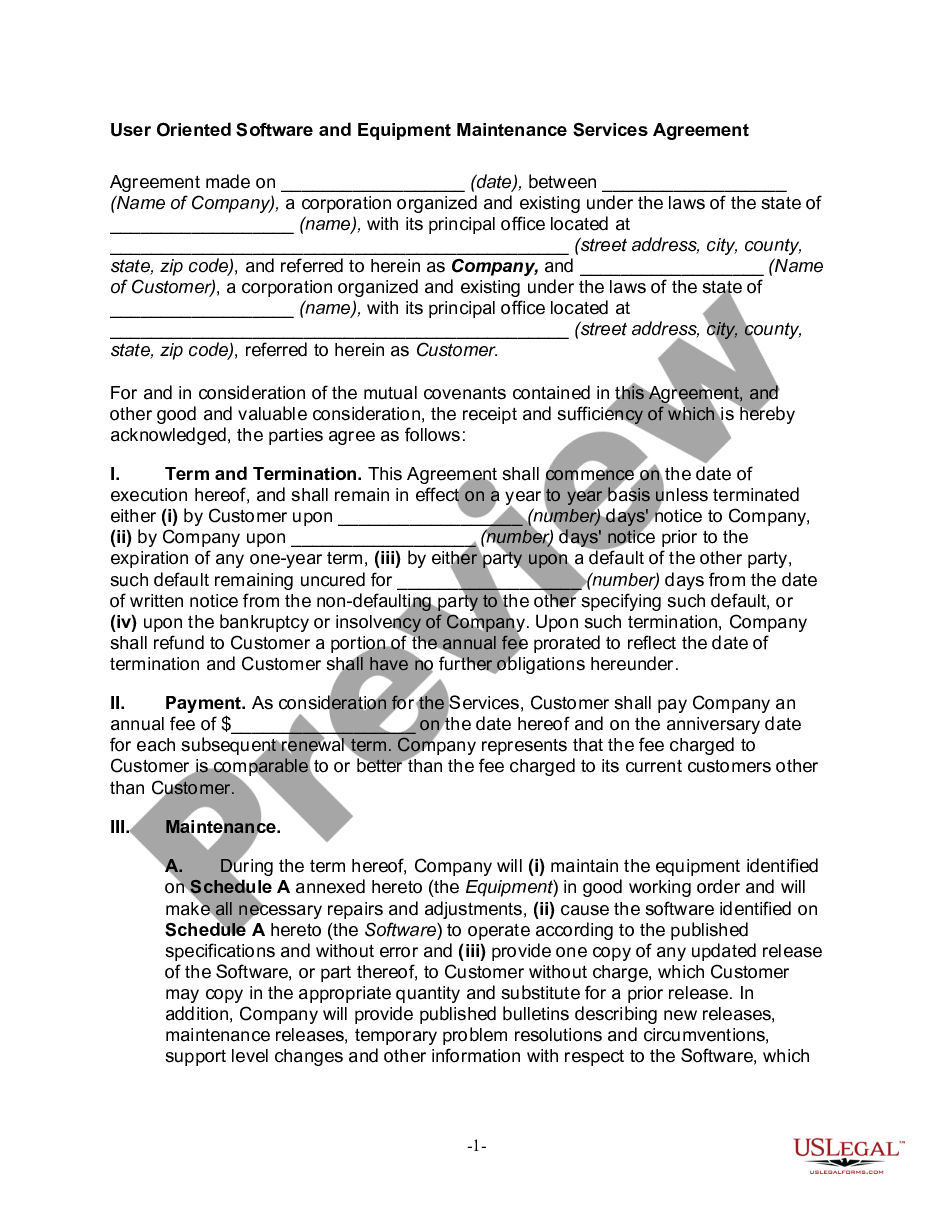 page 0 User Oriented Software and Equipment Maintenance Services Agreement preview