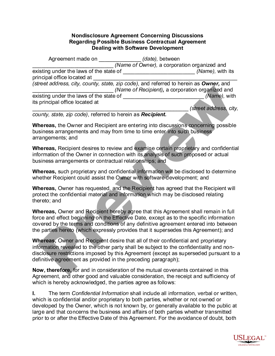 page 0 Nondisclosure Agreement Concerning Discussions Regarding Possible Business Contractual Agreement Dealing with Software Development preview