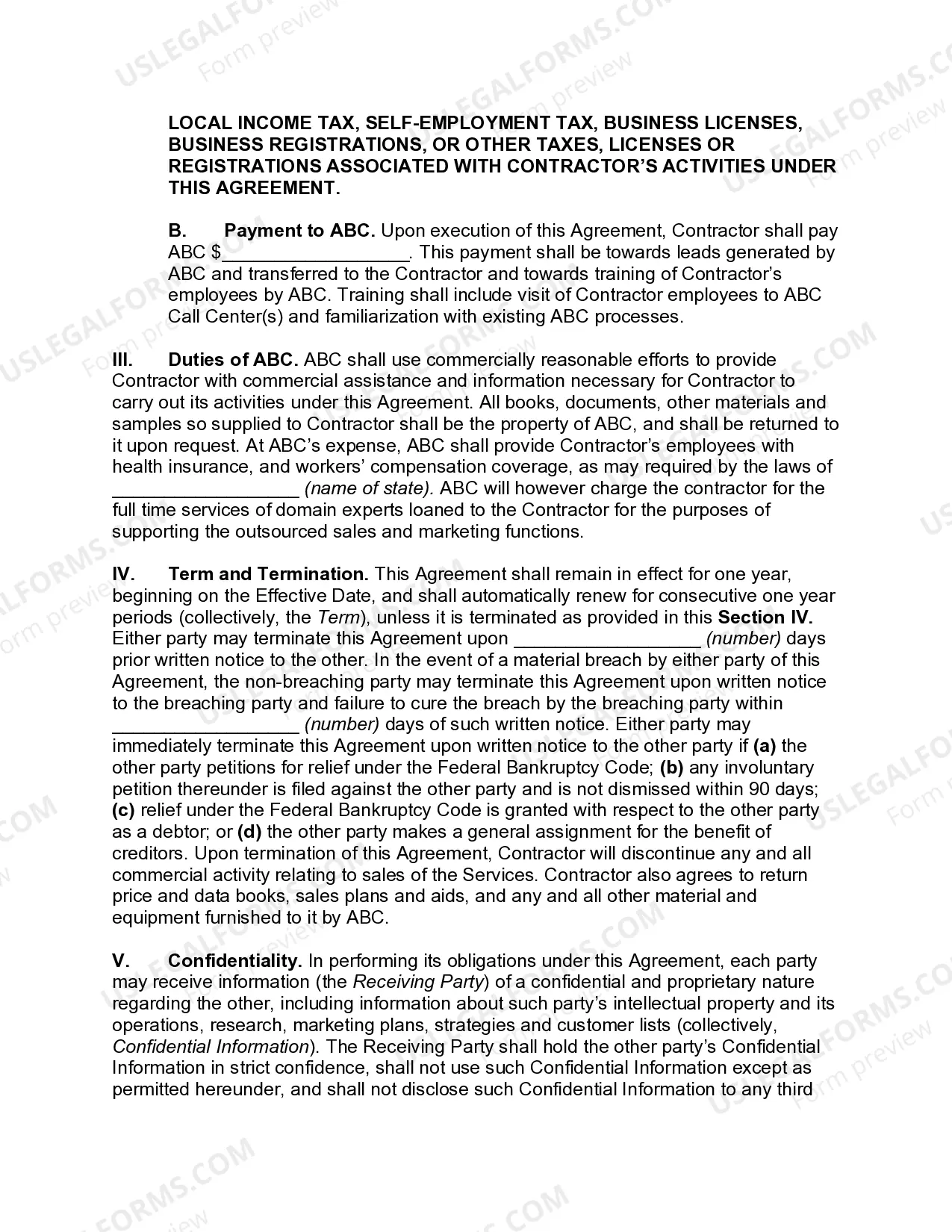 Preview Sales and Marketing Outsourcing Agreement