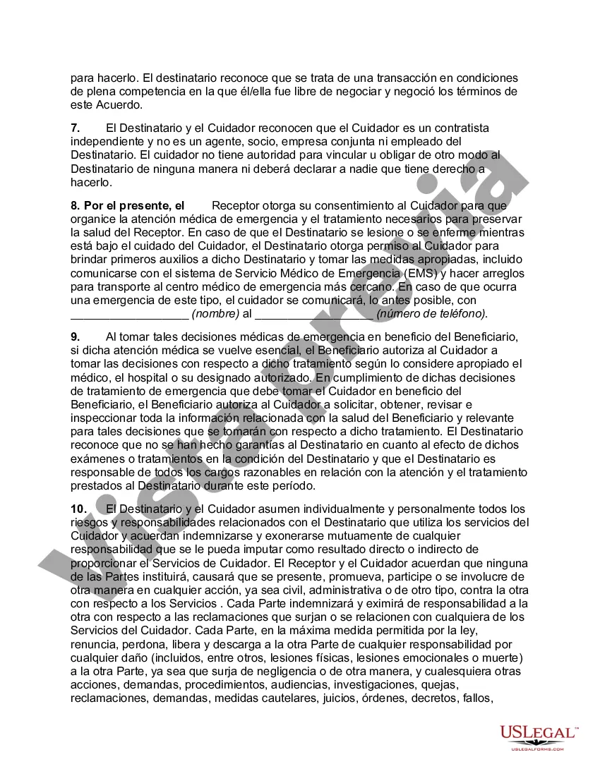 Preview Acuerdo de servicio del cuidador con renuncia mutua de responsabilidad y liberación de reclamaciones entre el cuidador y el destinatario de la atención