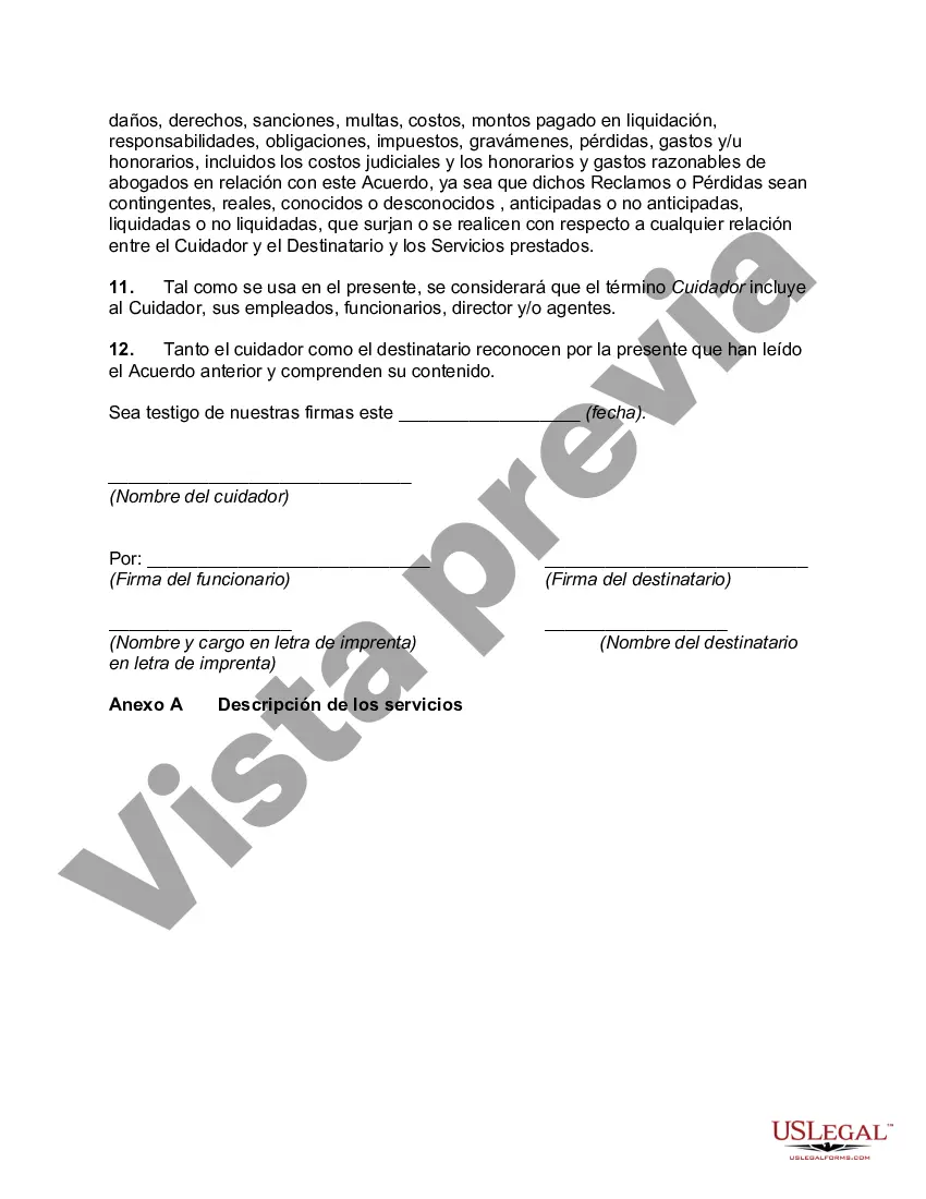 Preview Acuerdo de servicio del cuidador con renuncia mutua de responsabilidad y liberación de reclamaciones entre el cuidador y el destinatario de la atención