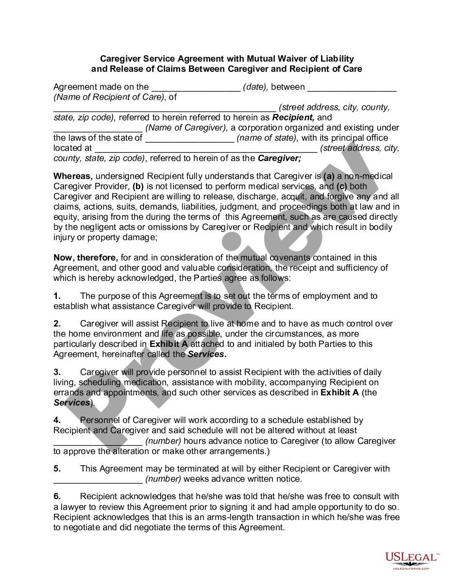 page 0 Caregiver Service Agreement with Mutual Waiver of Liability and Release of Claims Between Caregiver and Recipient of Care preview