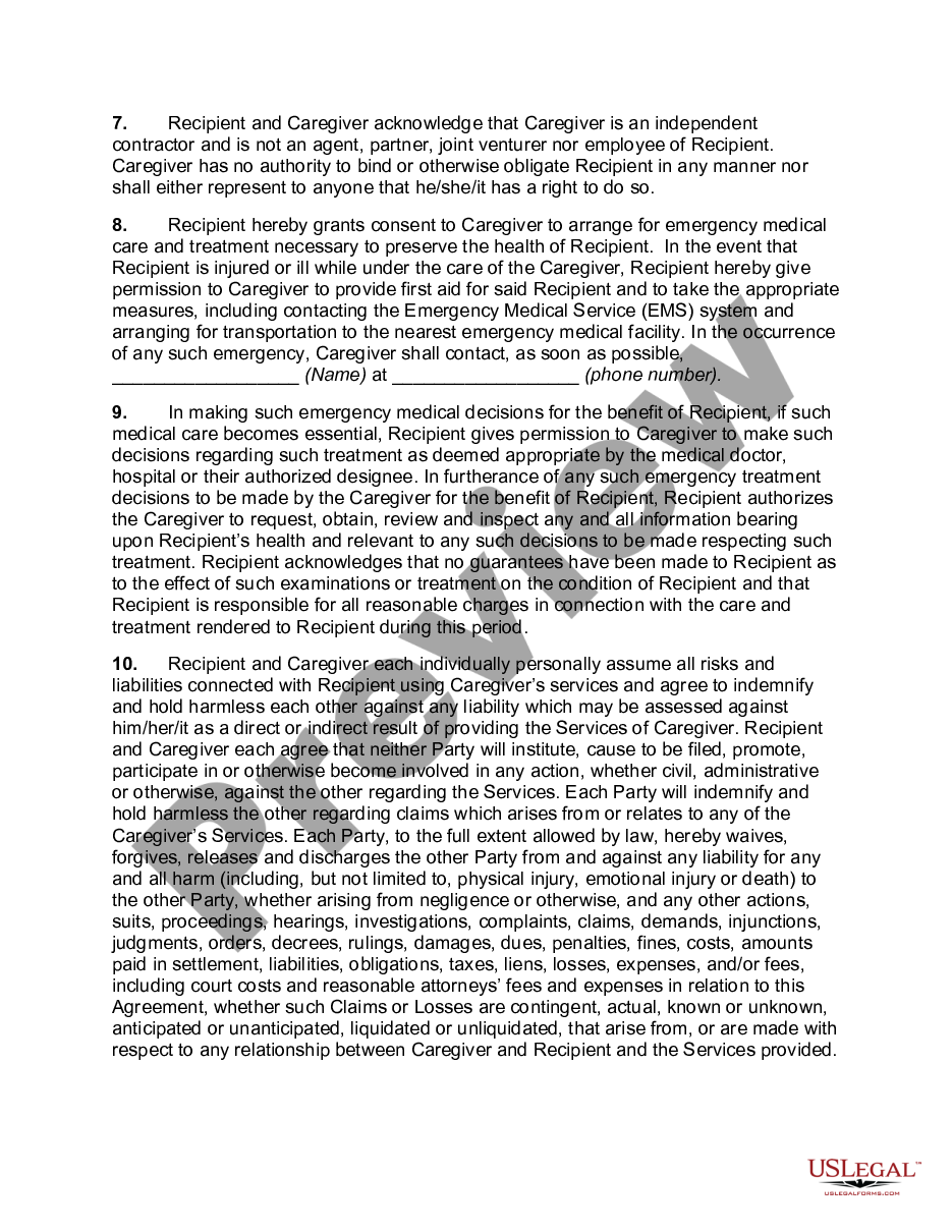 page 1 Caregiver Service Agreement with Mutual Waiver of Liability and Release of Claims Between Caregiver and Recipient of Care preview