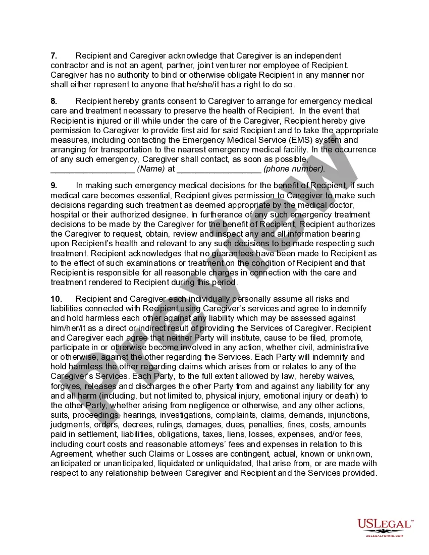 Preview Caregiver Service Agreement with Mutual Waiver of Liability and Release of Claims Between Caregiver and Recipient of Care