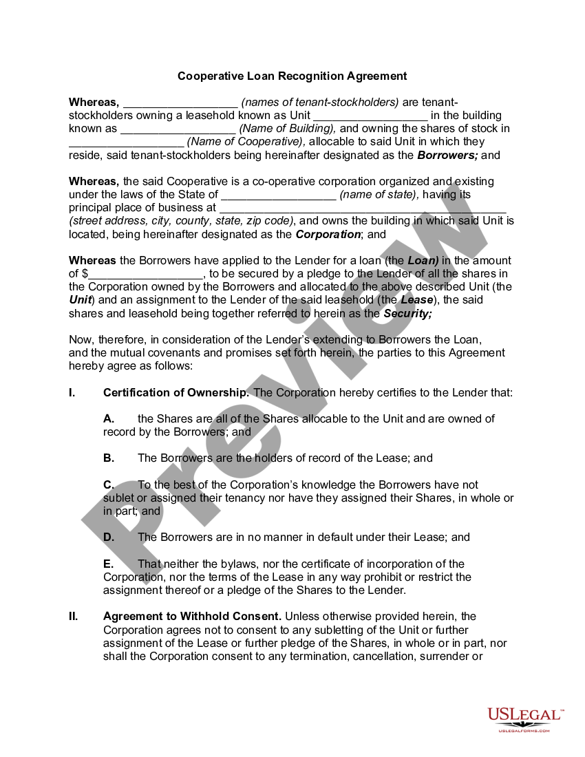 Cooperative Loan Recognition Agreement | US Legal Forms