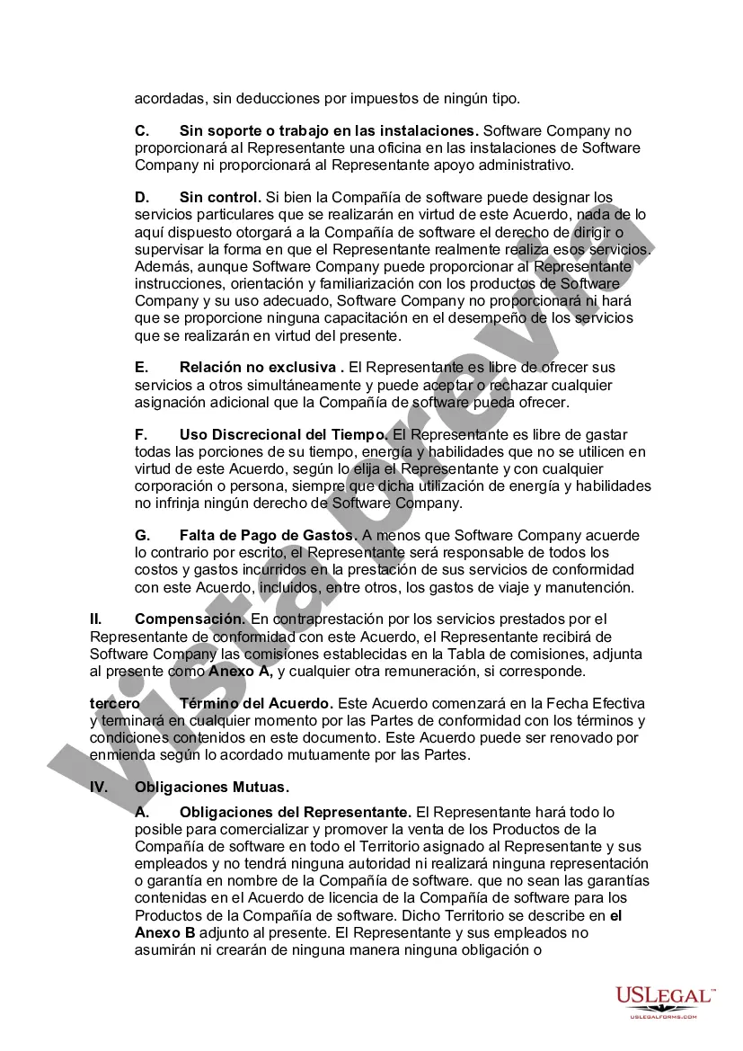Preview Acuerdo de representante de ventas independiente con desarrollador de software de computadora con disposiciones destinadas a satisfacer la prueba de 20 partes del Servicio de Impuestos Internos para determinar el estado de contratista independiente