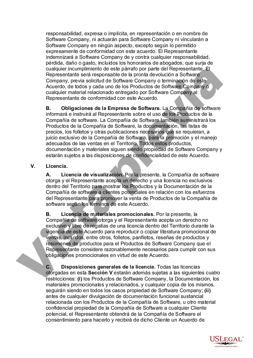 Preview Acuerdo de representante de ventas independiente con desarrollador de software de computadora con disposiciones destinadas a satisfacer la prueba de 20 partes del Servicio de Impuestos Internos para determinar el estado de contratista independiente