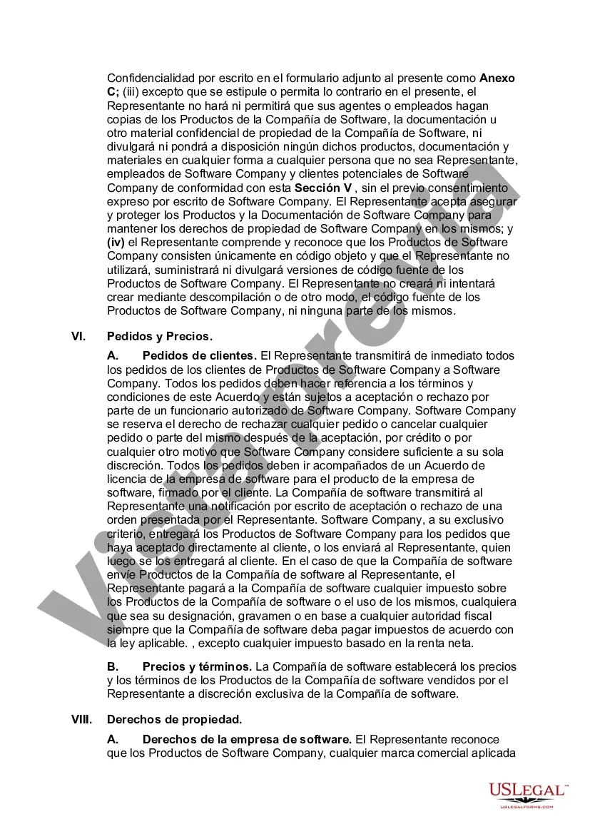 Preview Acuerdo de representante de ventas independiente con desarrollador de software de computadora con disposiciones destinadas a satisfacer la prueba de 20 partes del Servicio de Impuestos Internos para determinar el estado de contratista independiente