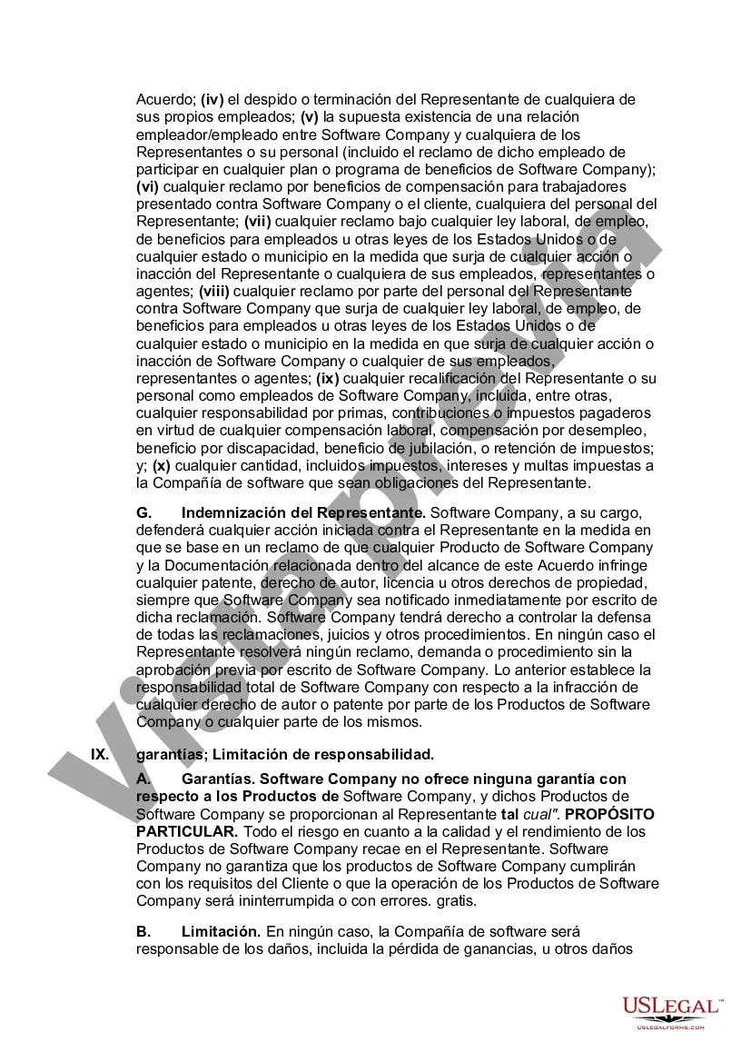 Preview Acuerdo de representante de ventas independiente con desarrollador de software de computadora con disposiciones destinadas a satisfacer la prueba de 20 partes del Servicio de Impuestos Internos para determinar el estado de contratista independiente