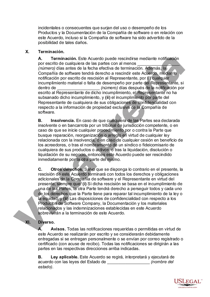 Preview Acuerdo de representante de ventas independiente con desarrollador de software de computadora con disposiciones destinadas a satisfacer la prueba de 20 partes del Servicio de Impuestos Internos para determinar el estado de contratista independiente