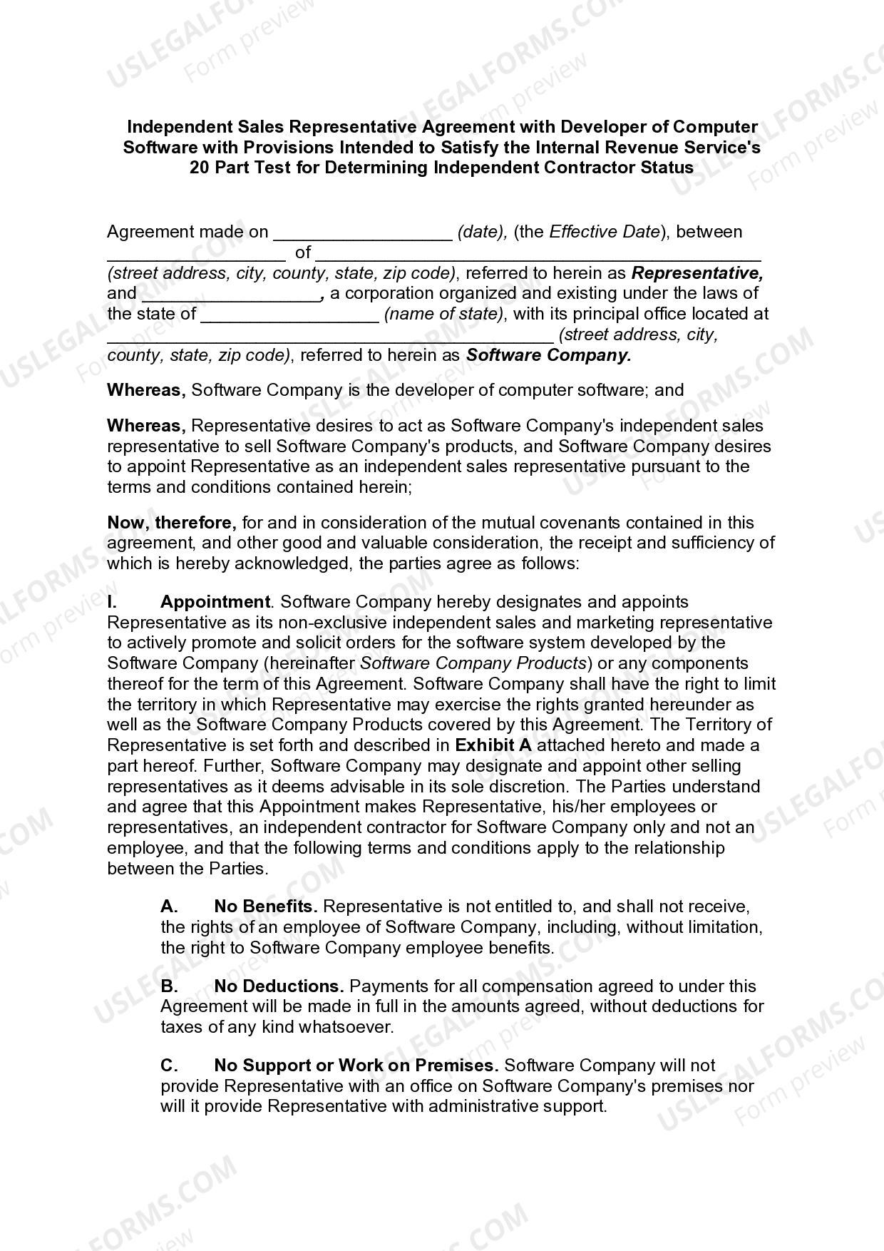 Maryland Independent Sales Representative Agreement With Developer Of 