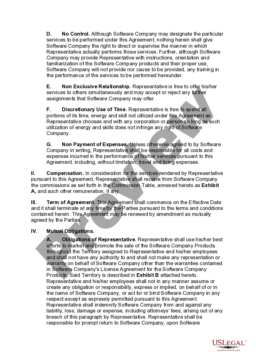 Preview Independent Sales Representative Agreement with Developer of Computer Software with Provisions Intended to Satisfy the Internal Revenue Service's 20 Part Test for Determining Independent Contractor Status