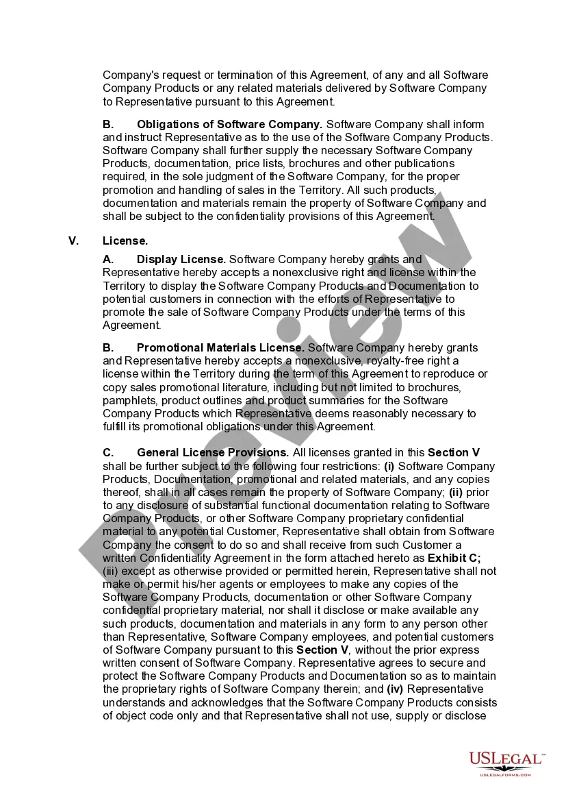Preview Independent Sales Representative Agreement with Developer of Computer Software with Provisions Intended to Satisfy the Internal Revenue Service's 20 Part Test for Determining Independent Contractor Status