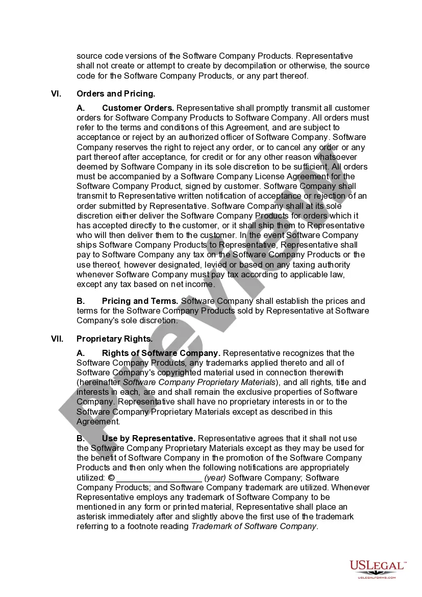 Preview Independent Sales Representative Agreement with Developer of Computer Software with Provisions Intended to Satisfy the Internal Revenue Service's 20 Part Test for Determining Independent Contractor Status