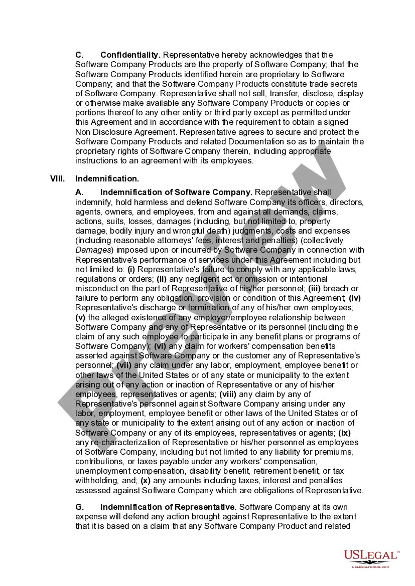 Preview Independent Sales Representative Agreement with Developer of Computer Software with Provisions Intended to Satisfy the Internal Revenue Service's 20 Part Test for Determining Independent Contractor Status