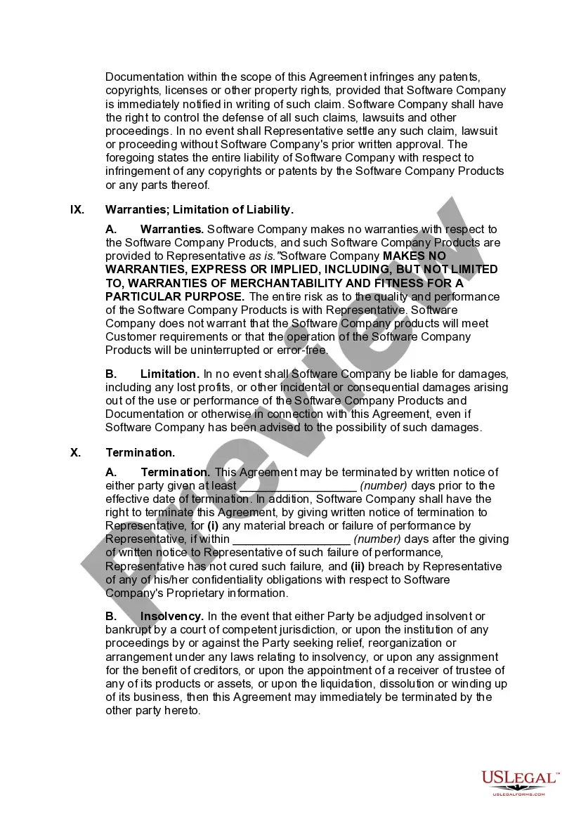 Preview Independent Sales Representative Agreement with Developer of Computer Software with Provisions Intended to Satisfy the Internal Revenue Service's 20 Part Test for Determining Independent Contractor Status