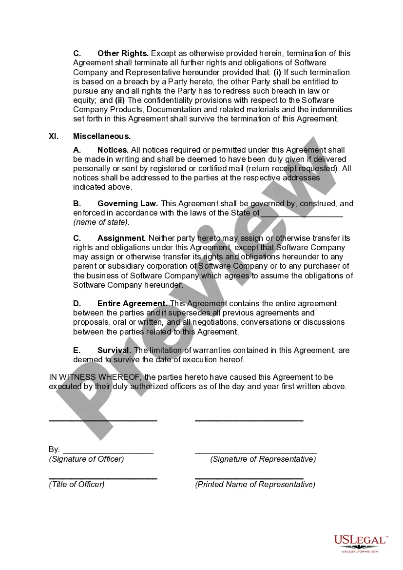 Preview Independent Sales Representative Agreement with Developer of Computer Software with Provisions Intended to Satisfy the Internal Revenue Service's 20 Part Test for Determining Independent Contractor Status