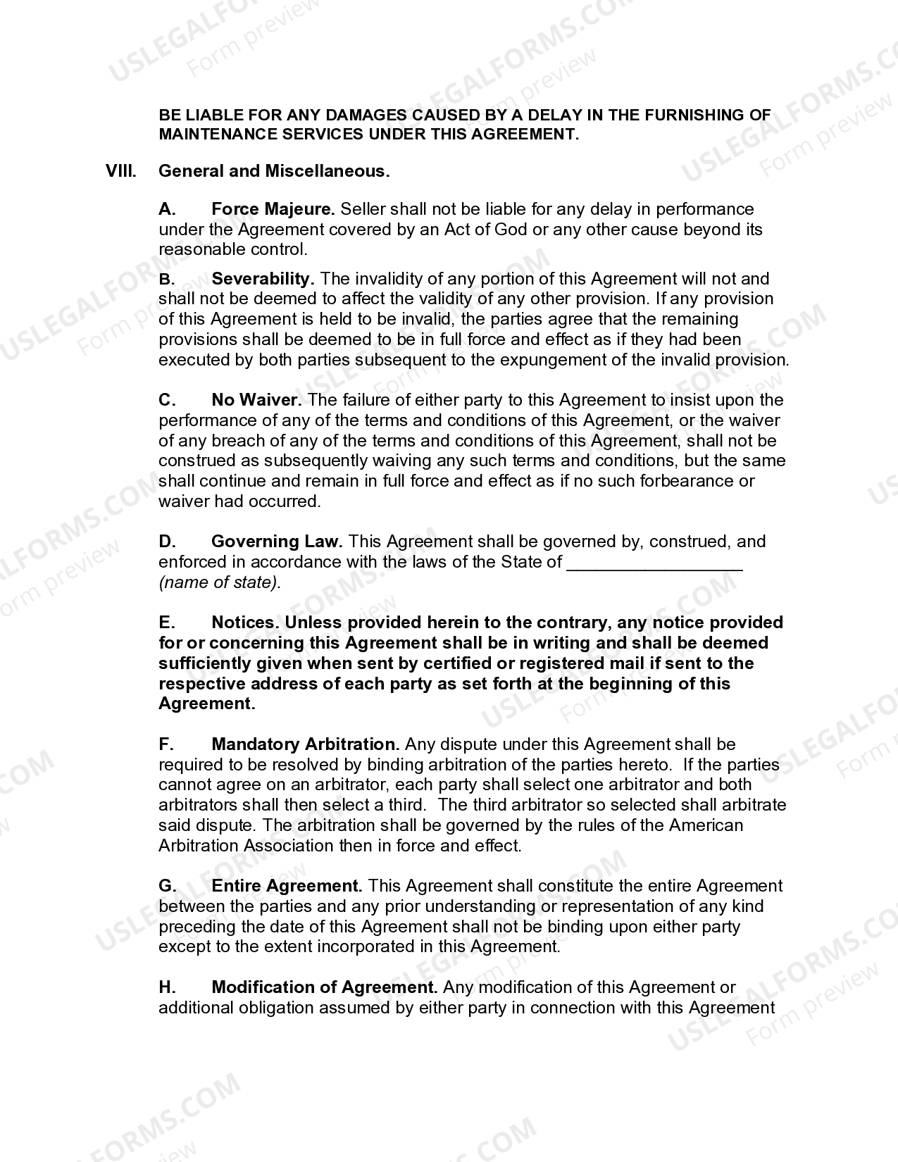 Michigan Equipment Maintenance Agreement with a Manufacturer US Legal