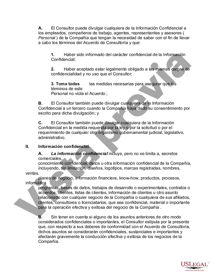 Preview Acuerdo de confidencialidad y no divulgación del consultor que cubre marcas registradas, secretos comerciales, programas informáticos, bases de datos, trabajos experimentales o de desarrollo y otra información confidencial
