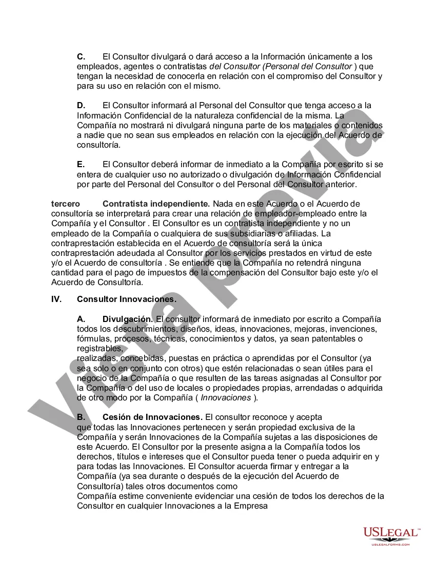 Preview Acuerdo de confidencialidad y no divulgación del consultor que cubre marcas registradas, secretos comerciales, programas informáticos, bases de datos, trabajos experimentales o de desarrollo y otra información confidencial