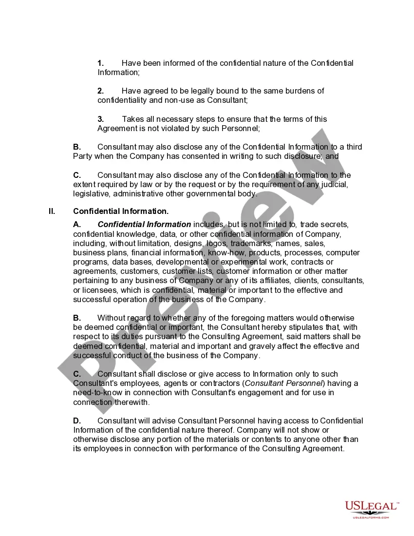 Preview Consultant Confidentiality and Nondisclosure Agreement Covering Trademarks, Trade Secrets, Computer Programs, Data Bases, Developmental or Experimental Work and other Confidential Information