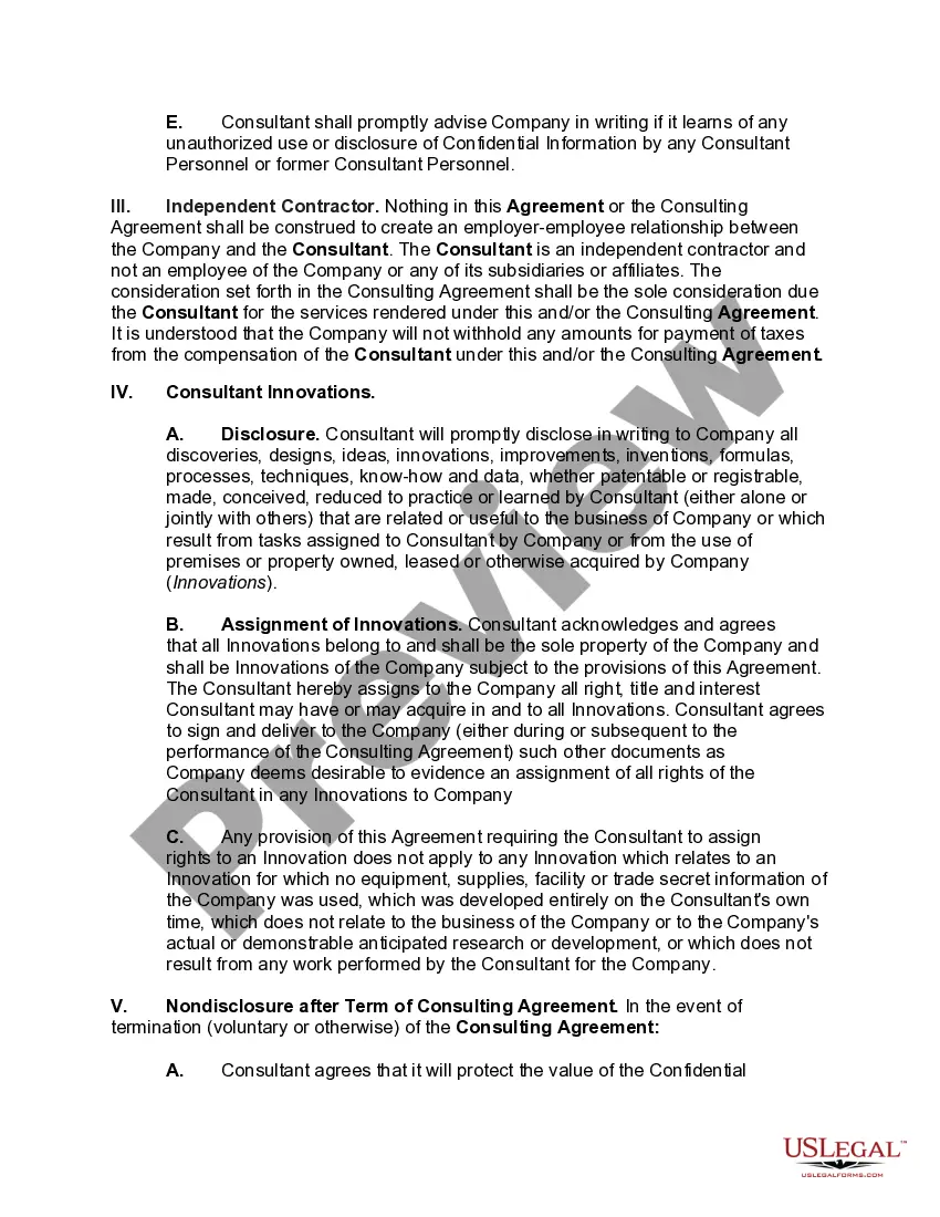 Preview Consultant Confidentiality and Nondisclosure Agreement Covering Trademarks, Trade Secrets, Computer Programs, Data Bases, Developmental or Experimental Work and other Confidential Information