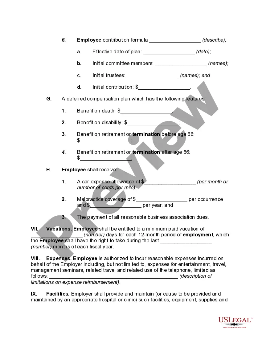 Preview General Form of Employment Agreement for Professional Corporation