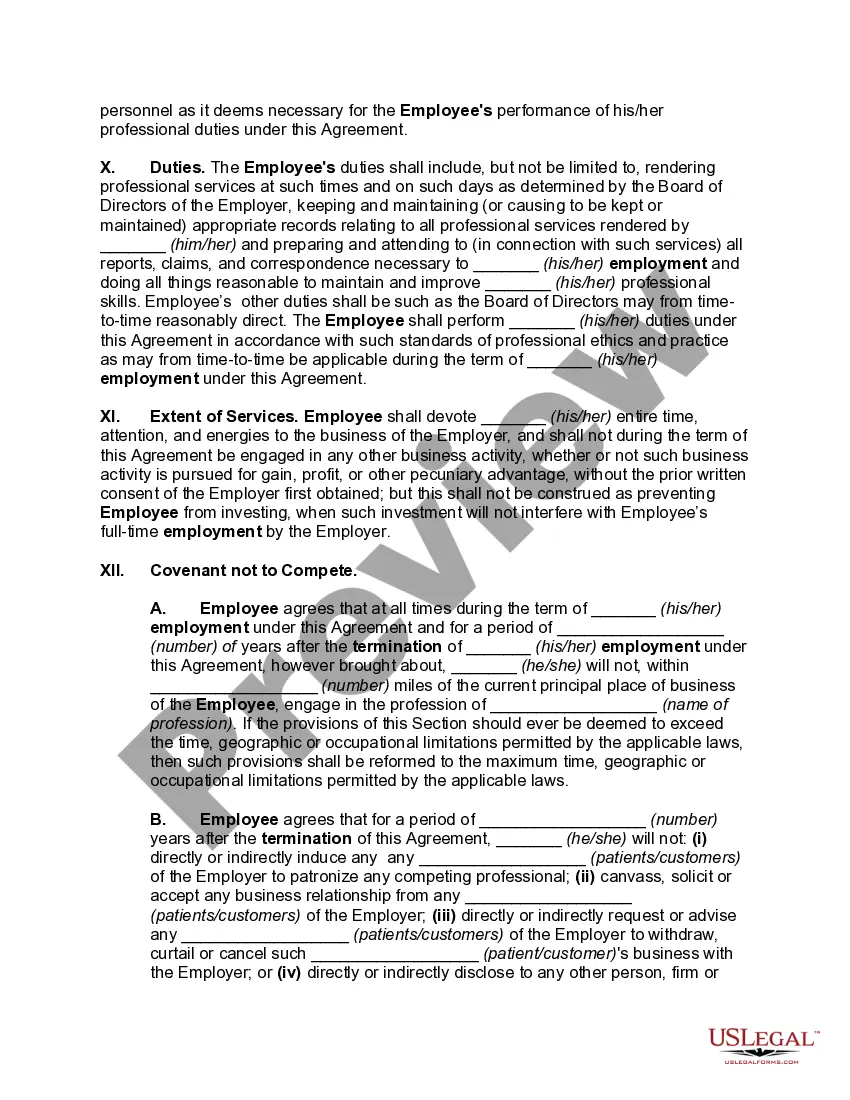 Preview General Form of Employment Agreement for Professional Corporation