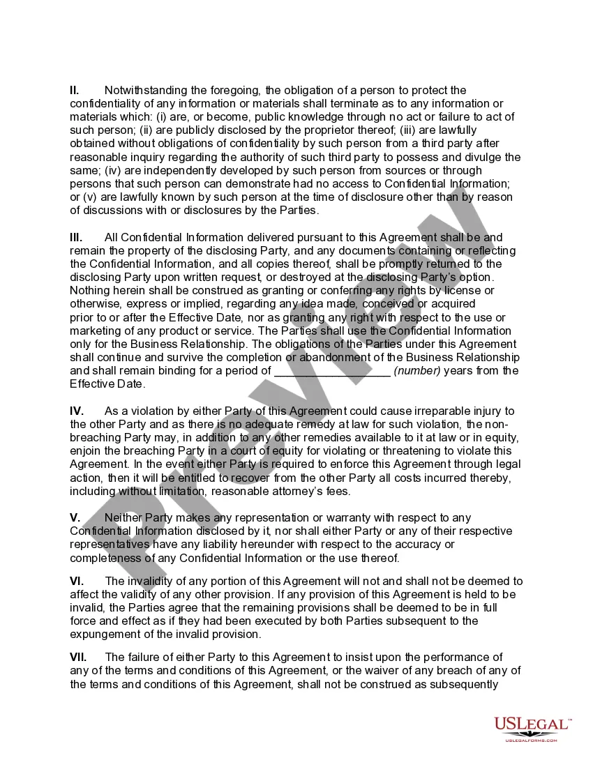 Preview Confidentiality and Non-Disclosure Agreement between Parties Exploring the Possibility of Engaging in One or More Mutually Beneficial Business Relationships